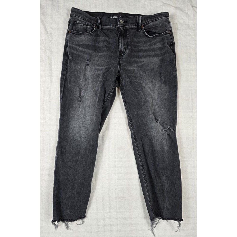 Old Navy High Straight Boyfriend Distressed Cropped Raw Hem Jeans Black 8 Petite - Picture 1 of 6